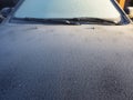 Frost. Frosty pattern on the hood and windshield of the car. Severe cold