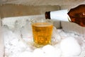 Frost and glass of beer in the fridge. Royalty Free Stock Photo