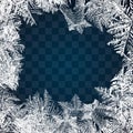 Frost glass pattern. Winter frame on transparent background. Vector christmas illustration. Frozen window ornament. Frame for Chri