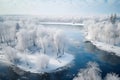 Frost-kissed trees shrouded in river mist, . AI Generated