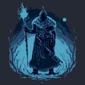 Frost mage vector illustration. Dark wizard. Fairytale sorcerer casting and firing a spell