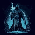 Frost mage vector illustration. Dark wizard. Fairytale sorcerer casting and firing a spell