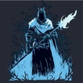 Frost mage vector illustration. Dark wizard. Fairytale sorcerer casting and firing a spell