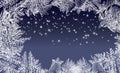 Frost pattern background. Frozen texture in winter vector ice crystals with snowflakes. Star sparkle background. Snow frame. Royalty Free Stock Photo
