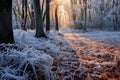 frost patterns on fallen leaves on forest ground Royalty Free Stock Photo