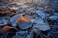 frost patterns on fallen leaves on forest ground Royalty Free Stock Photo