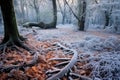 frost patterns on fallen leaves on forest ground Royalty Free Stock Photo