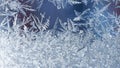 Frost patterns on the window, hoarfrost background. Frosty Christmas pattern on the winter window glass. Copy space, natural Royalty Free Stock Photo