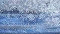 Frost patterns on the window, hoarfrost background. Frosty Christmas pattern on the winter window glass. Copy space, natural Royalty Free Stock Photo