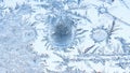 Frost patterns on the window, hoarfrost background. Frosty Christmas pattern on the winter window glass. Copy space, natural Royalty Free Stock Photo