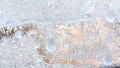 Frost patterns on the window, hoarfrost background. Frosty Christmas pattern on the winter window glass. Copy space, natural Royalty Free Stock Photo