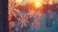 Frost patterns on window at sunrise Royalty Free Stock Photo
