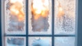 Frost patterns on windowpanes with a blurred sunset in the background Royalty Free Stock Photo