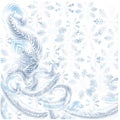 Frost on the window, blue snowflakes on white background