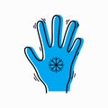 Frostbite of limbs. Contour silhouette of a trembling hand with a snowflake and blue silhouette. Vector object