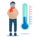 A frostbitten boy with a thermometer is isolated on a white background. Negative temperature, the boy with doorways and without a Royalty Free Stock Photo