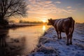 frostcovered cow standing next to an icy pond at sunrise