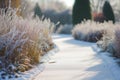 frostcovered path with a fuzzy winter garden scene