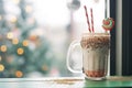 frostcovered peppermint mocha glass, condensation revealing festive decor