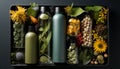 Frosted and clear biodegradable bottles and jars are surrounded by plant materials such as grass, seeds, flowers and leaves. Royalty Free Stock Photo