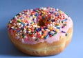 Frosted donut with pink frosting and multi colored sprinkles