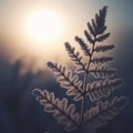 Frosted fern leaves against the sun in a forest, closeup view, winter morning nature background, generative ai Royalty Free Stock Photo