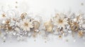 Frosted fir tree twigs and Christmas decorative bauble balls, spruce twig, balls, flowers, snowflakes, stars on a white