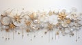 Frosted fir tree twigs and Christmas decorative bauble balls, spruce twig, balls, flowers, snowflakes, stars on a white