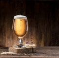 Frosted glass of beer on the wooden table Royalty Free Stock Photo