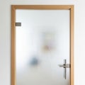 A frosted glass door with a modern metallic handle and wooden frame Royalty Free Stock Photo
