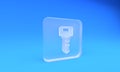 Frosted glass House key icon isolated on blue background. Square frosted glass button. 3D render illustration Royalty Free Stock Photo
