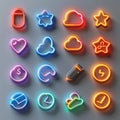 Frosted glass icon set: community in neon light.