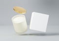 Frosted glass jar candle with gold lid and box 3D render mockup