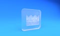 Frosted glass King crown icon isolated on blue background. Square frosted glass button. 3D render illustration Royalty Free Stock Photo