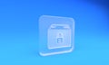 Frosted glass Locked package icon isolated on blue background. Lock and cardboard box. Square frosted glass button. 3D Royalty Free Stock Photo