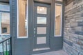Frosted glass panels on the gray front door of house with with clear sidelights