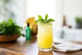 frosted glass of pineapple juice with a sprig of mint on top Royalty Free Stock Photo