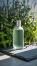 Frosted Glass Pump Bottle on Stone with Mint Leaves in Sunlight Royalty Free Stock Photo