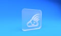 Frosted glass Rainbow with cloud icon isolated on blue background. Square frosted glass button. 3D render illustration Royalty Free Stock Photo