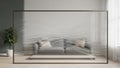 Frosted glass room divider with subtle wavy line pattern in a modern living room setting Keywords: frosted glass Royalty Free Stock Photo