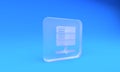 Frosted glass Server, Data, Web Hosting icon isolated on blue background. Square frosted glass button. 3D render Royalty Free Stock Photo
