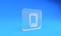 Frosted glass Smartphone, mobile phone icon isolated on blue background. Square frosted glass button. 3D render Royalty Free Stock Photo