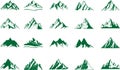 Collection of stylized green mountain peak illustrations on a white background. Royalty Free Stock Photo