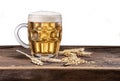 Frosted mug of beer on the wooden table. Royalty Free Stock Photo