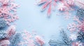 Frosted pine cones and snowflakes on pastel blue background