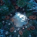 Frosted pine needles frame a reflective surface adorned with pine cones and lights during the New Year celebration in a serene Royalty Free Stock Photo