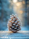 Frosted pinecone in sunlight with a blurred wintery background. Royalty Free Stock Photo