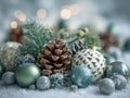 Frosted pinecones and evergreen branches surrounded by an assortment of teal and silver decorative ornaments on a snowy surface Royalty Free Stock Photo