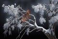 frosted tree, with butterfly perched on branch