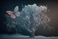frosted tree, with butterfly perched on branch